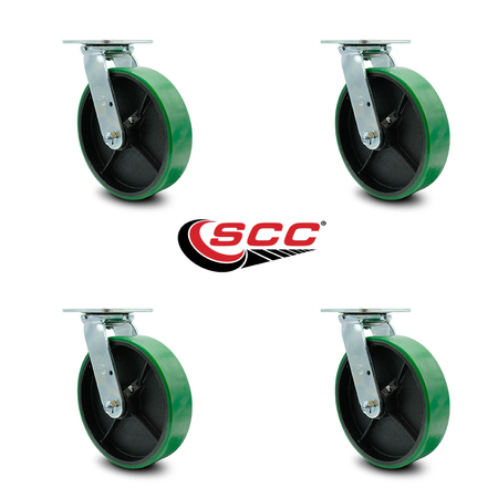 Service Caster 8 Inch Green Poly on Cast Iron Wheel Swivel Caster Set with Roller Bearings SCC SCC-30CS820-PUR-GB-4